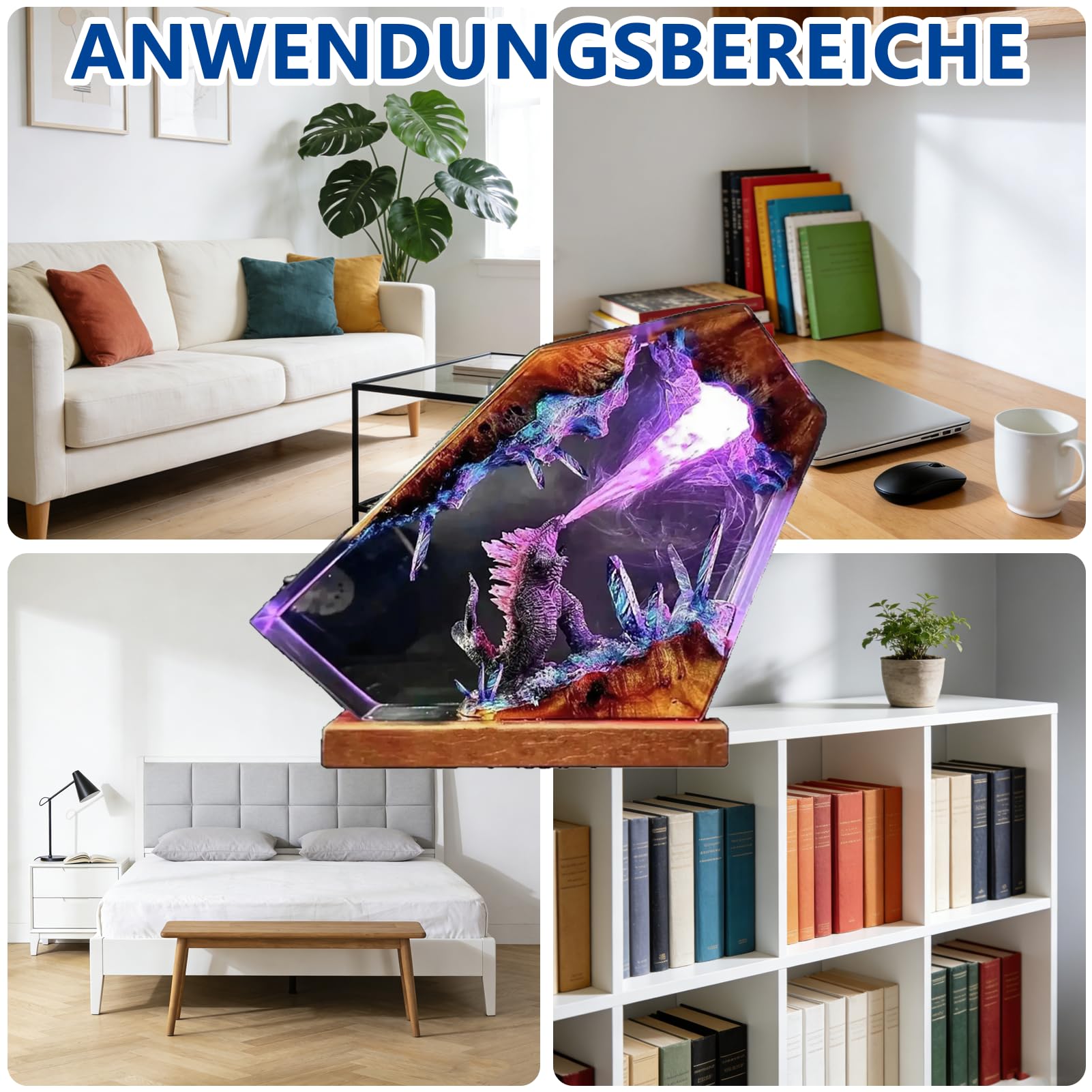 Epoxidharz Godzilla Nachtlicht,Harz Ozean Tier Figuren Nachtlicht Ornamente,Godzilla Würfel Dekoration,mit Holz Sockel USB-Kabel Marine Statue Dekoration,für Wohnzimmer Schlafzimmer (Stil-4)