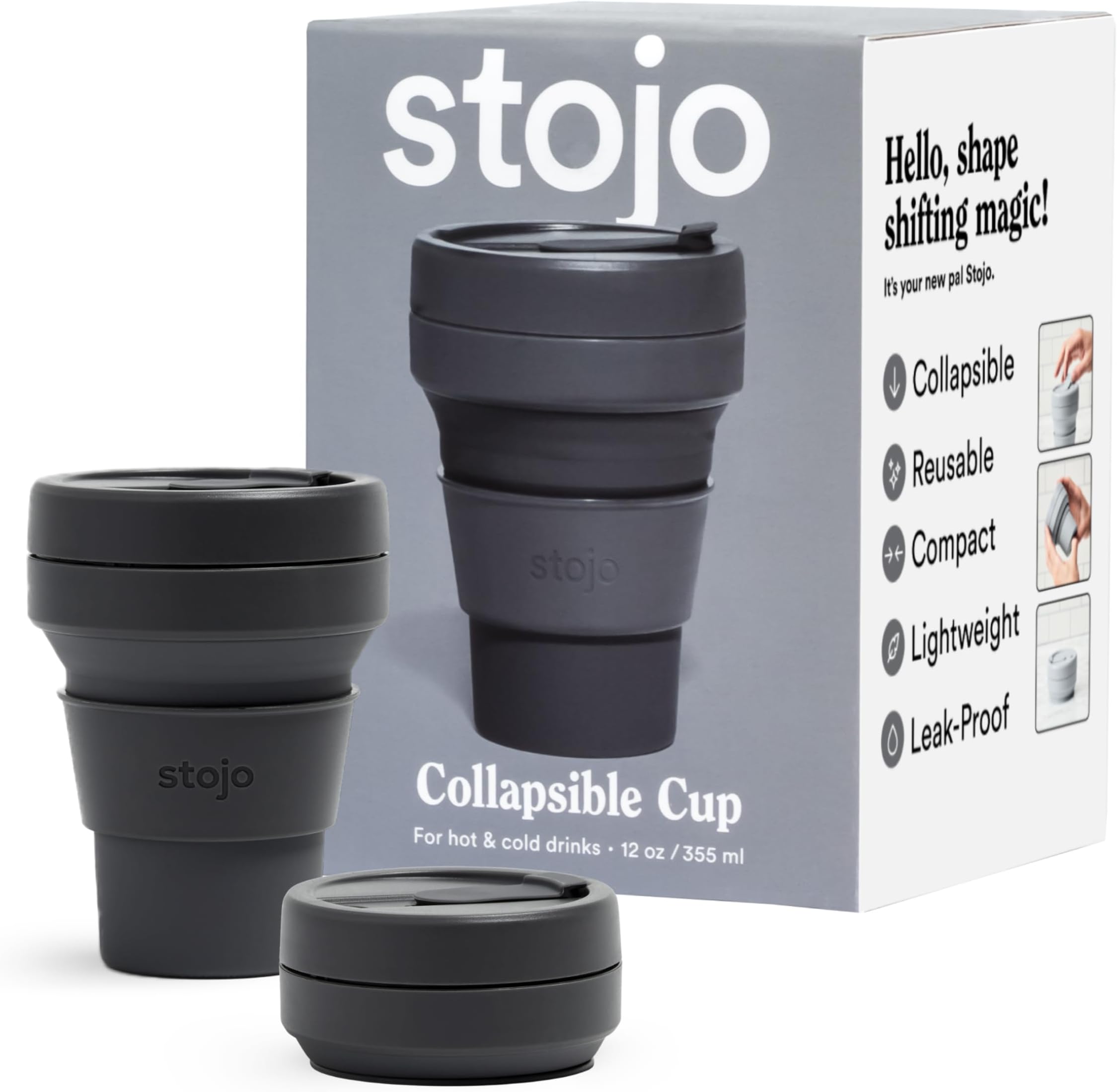 STOJO Collapsible Travel Cup - Reusable To-Go Pocket Size Silicone Bottle for Hot and Cold Drinks - Perfect for Camping - Microwave & Dishwasher Safe (Carbon, 12, ounces)