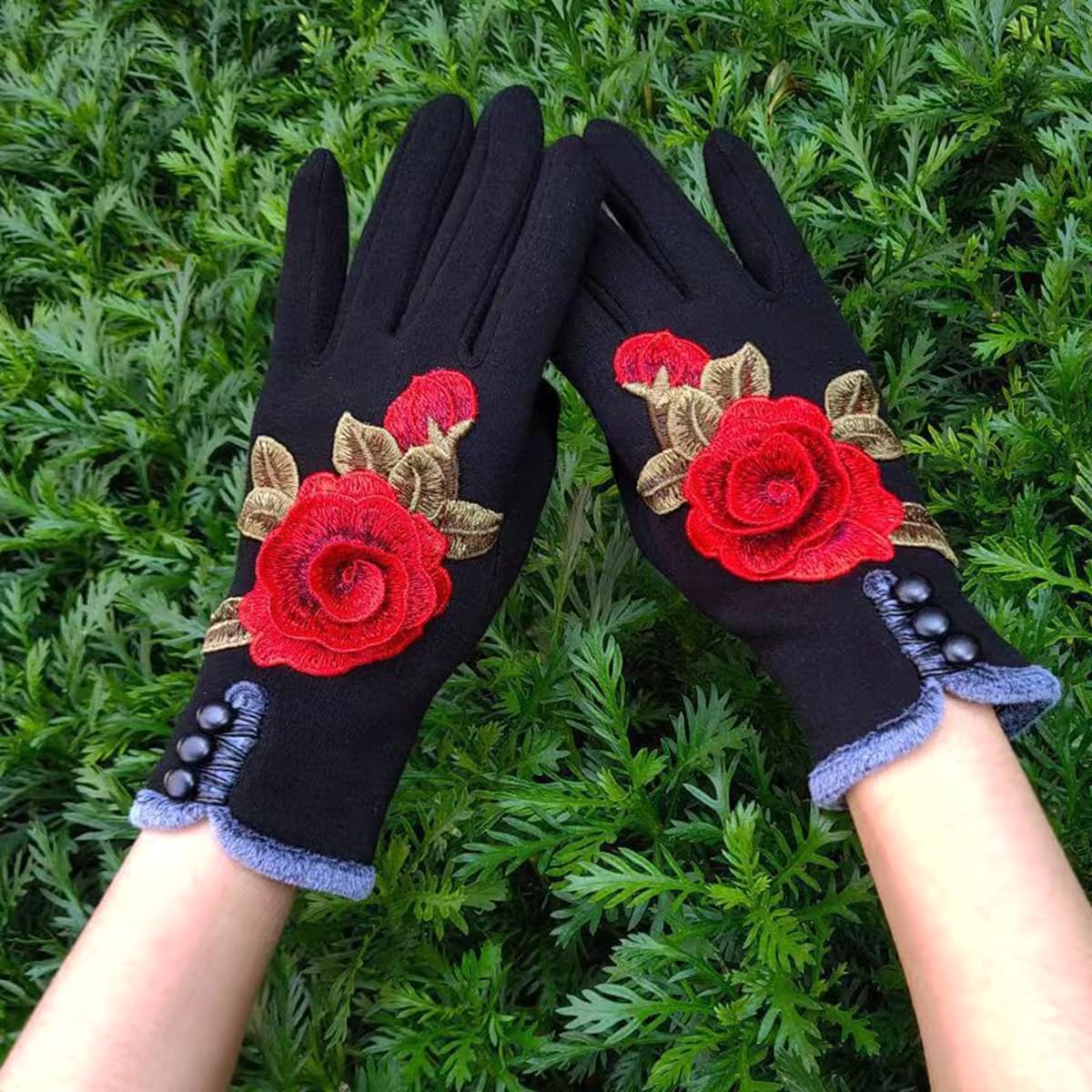 Specell Women Winter Warm Gloves Embroidered Flowers Fleece Lining Touchscreen Fingertips Mittens Windproof for Cold Weather