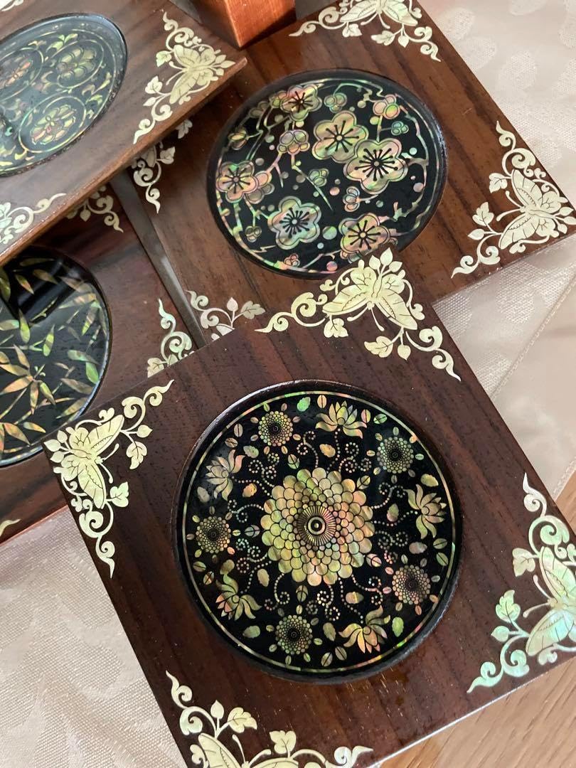 螺鈿細工梅菊竹ハスの花4種セットコースター