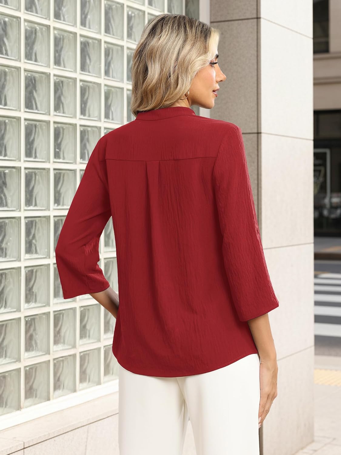 Funlingo Women's 3/4 Length Sleeve Tops Business Casual Blouses Zip Front V Neck Work Shirts Loose Fit Tunic Tops 2026 - Image 5