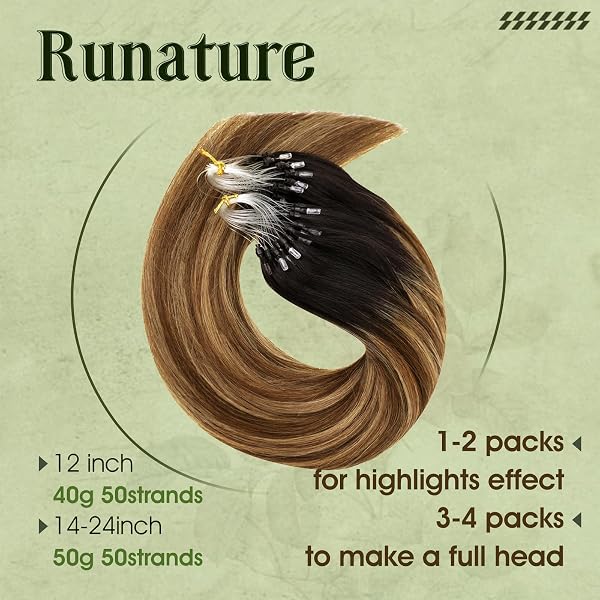 RUNATURE Micro Ring Hair Extensions Brown Balayage Micro Link Extensions Real Human Hair Black Ombre Micro Loop Hair Extensions Human Hair 18 Inch 50 Gram - 2