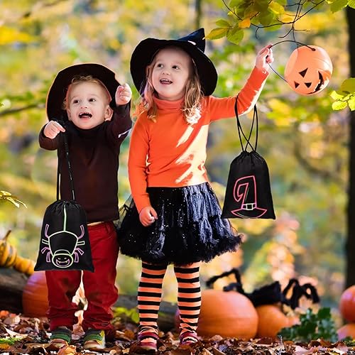 Miniatura 6 de Honoson 24 bolsas de regalo de fiesta de Halloween, bolsas de regalo con cordón de Halloween, bolsas de dulce o truco, bolsas de dulces de Halloween