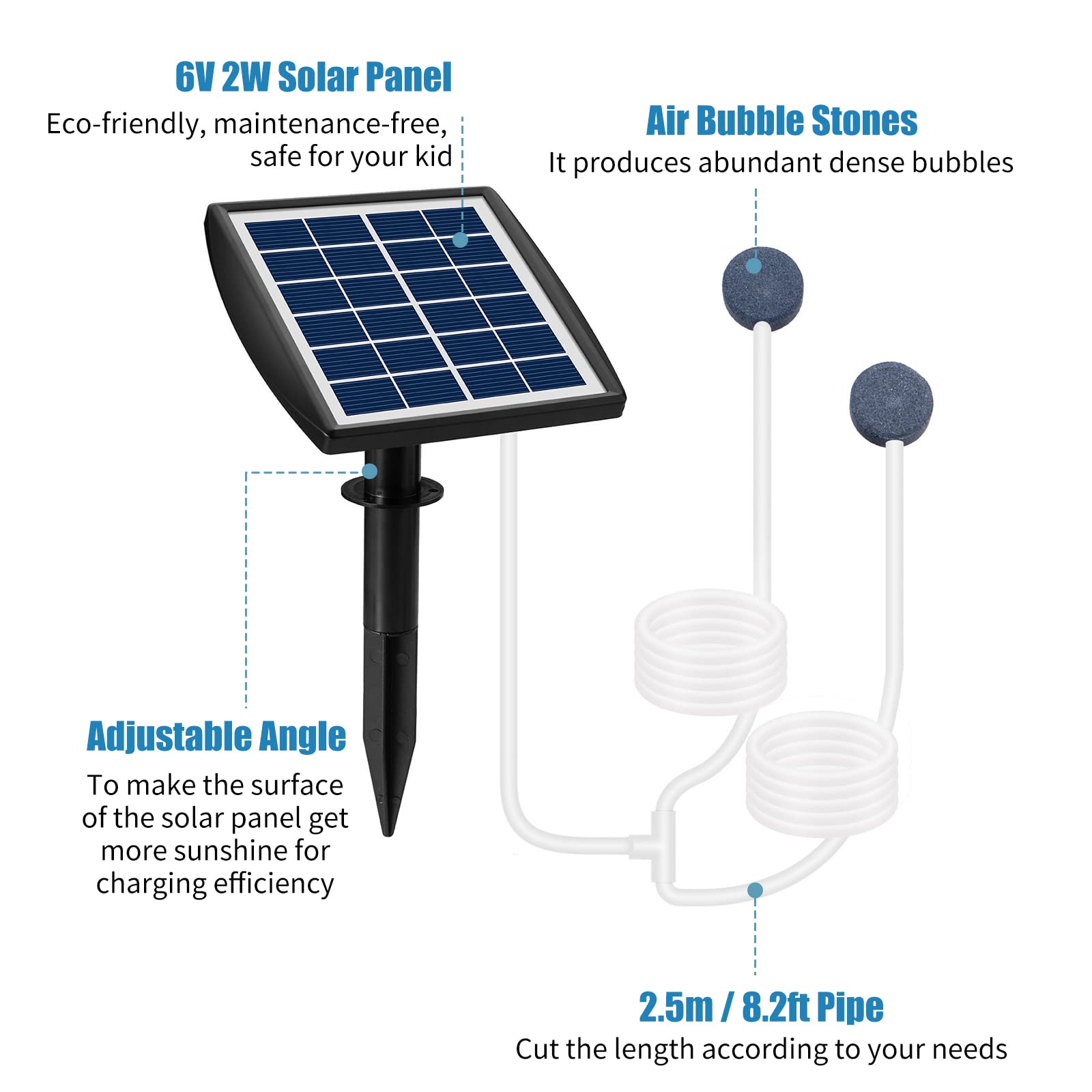 Andoer,Aireador solar de estanque, bomba de oxígeno de 6 V, 2 W, con tubo de 8.2 pies, 2 piedras de burbujas de aire, para acuario, oxigenador, acuario, piscina al aire libre, estanque