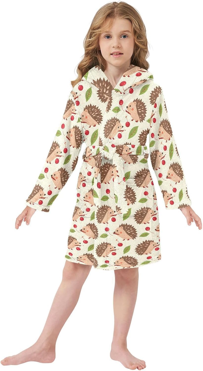 senya Hedgehog and Cherry Toddler Hooded Bathrobe Kids Soft Plush Bath Towel Robes for Boys Girls 2-12 Years