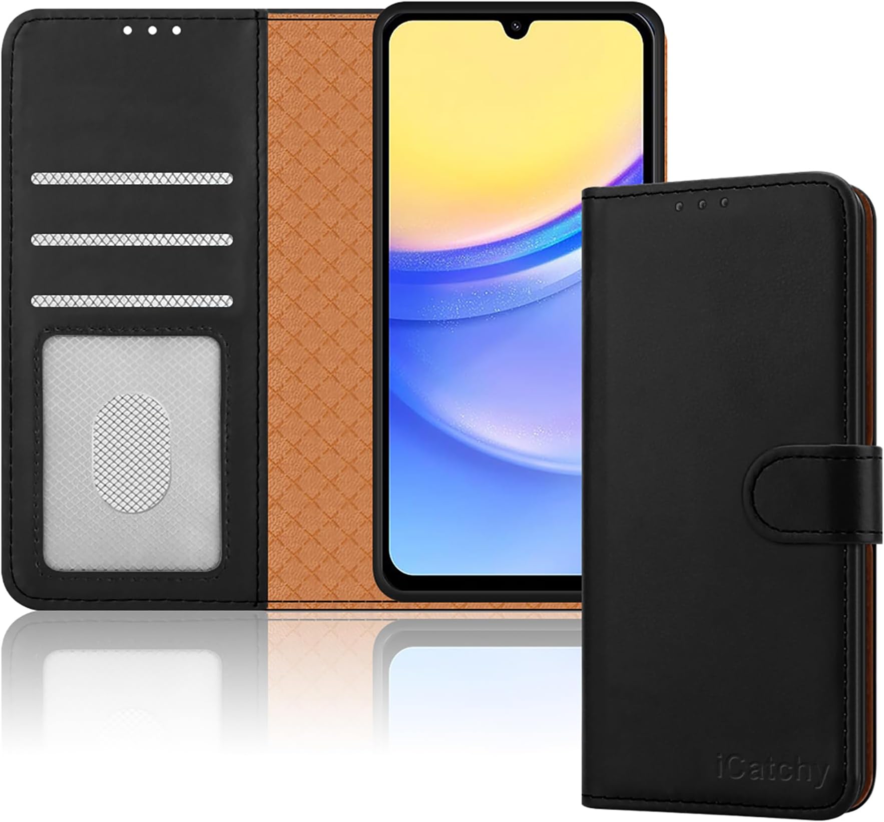 iCatchy for Samsung A15 Case – Leather Wallet Cover, Book Flip Folio with Kickstand, Magnetic Closure, RFID Blocking, Shockproof Protection Case for Galaxy A15 5G / A15 (Black)