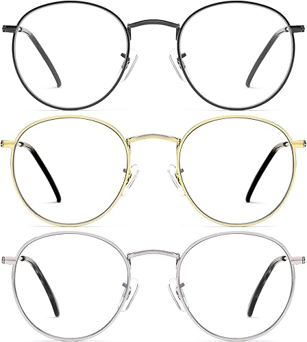 JFXQDR Gafas redondas con bloqueo de luz azul para mujeres y hombres, marco de alambre de metal, lentes de computadora antirreflejos y UV RF5002
