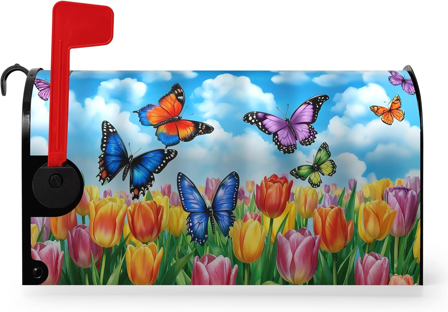 Tulip Spring Summer Mailbox Cover Magnetic Flower Butterflies Mailbox Covers Standard Size 21 x 18 Inch Colorful Floral Letter Post Box Wraps for Garden Yard Decorations
