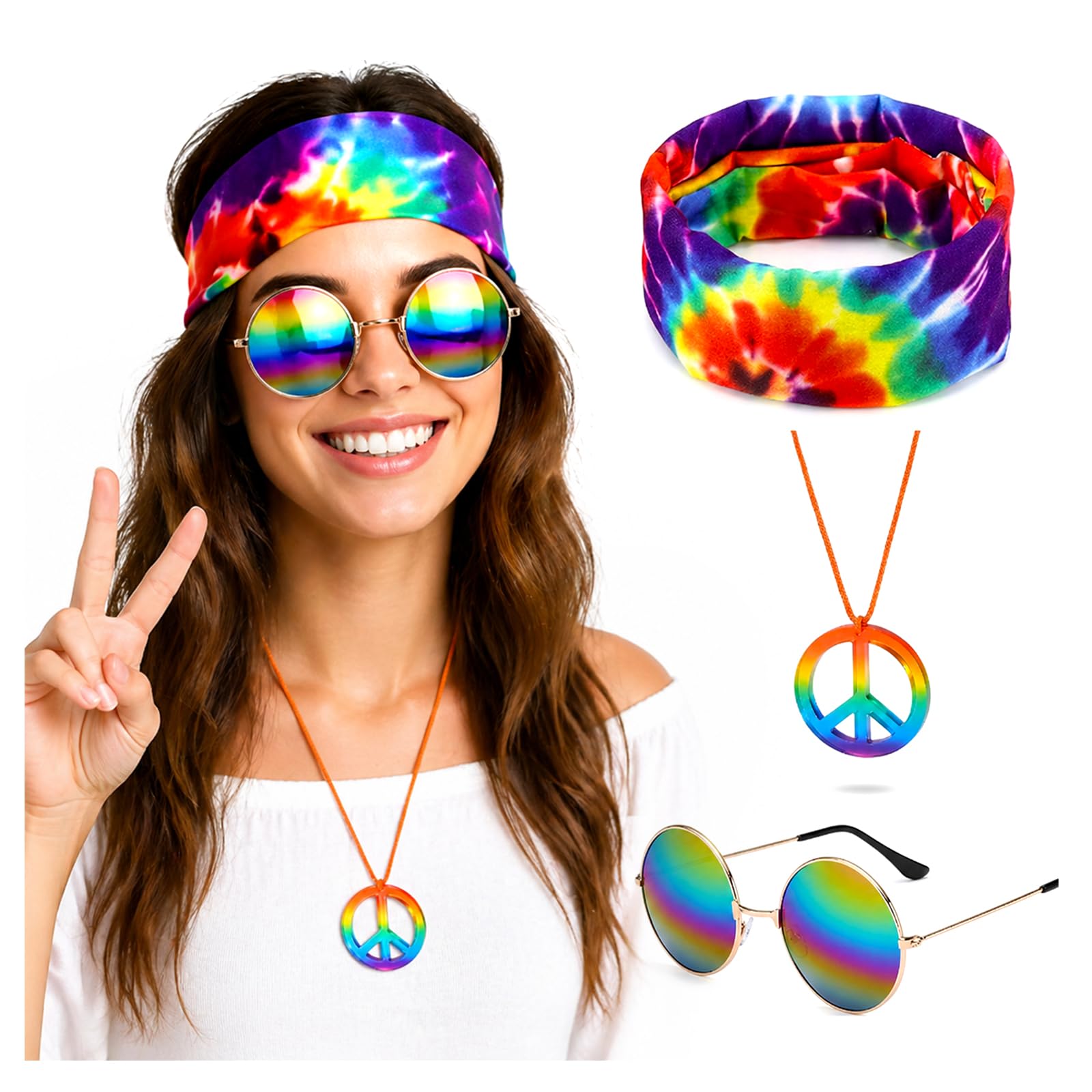 YONEEKSS 3 Pieces Hippie Accessories Set, Disco Hippie 60s 70s 80s Costume Accessories Include Colourful Bandana, Sunglasses and Necklace, for Men Women, Hippie Themed Party Fancy Dress