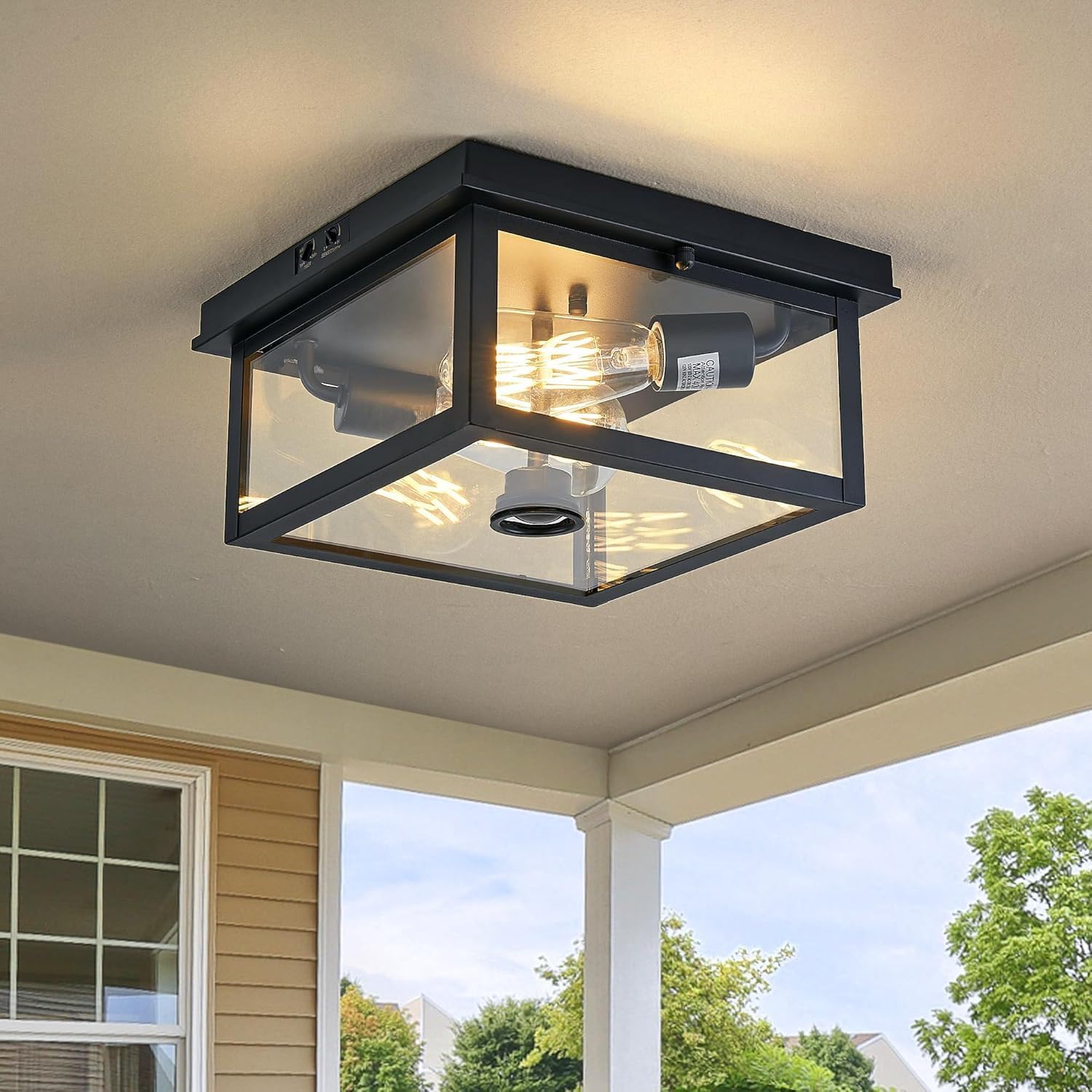 E27 Retro Deckenlampe 2 Flammig Deckenleuchte mit Bewegungsmelder Quadrat Flurlampe Schwarz Industrial Deckenbeleuchtung mit Klares Glas Innen Beleuchtung für Flur Balkon Esszimmer (Ohne Glühbirne)