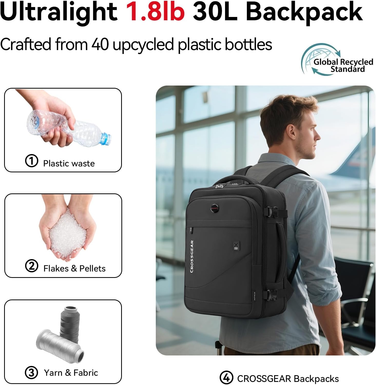 CROSSGEAR Travel Backpack for Spirit Airlines 18x14x8 Inch,TSA Approved Underseat Personal Item Backpack for 15.6" Laptop,1.8lb Lightweight Eco-Friendly Bag with Anti-Theft Lock & RFID Pocket(Black)