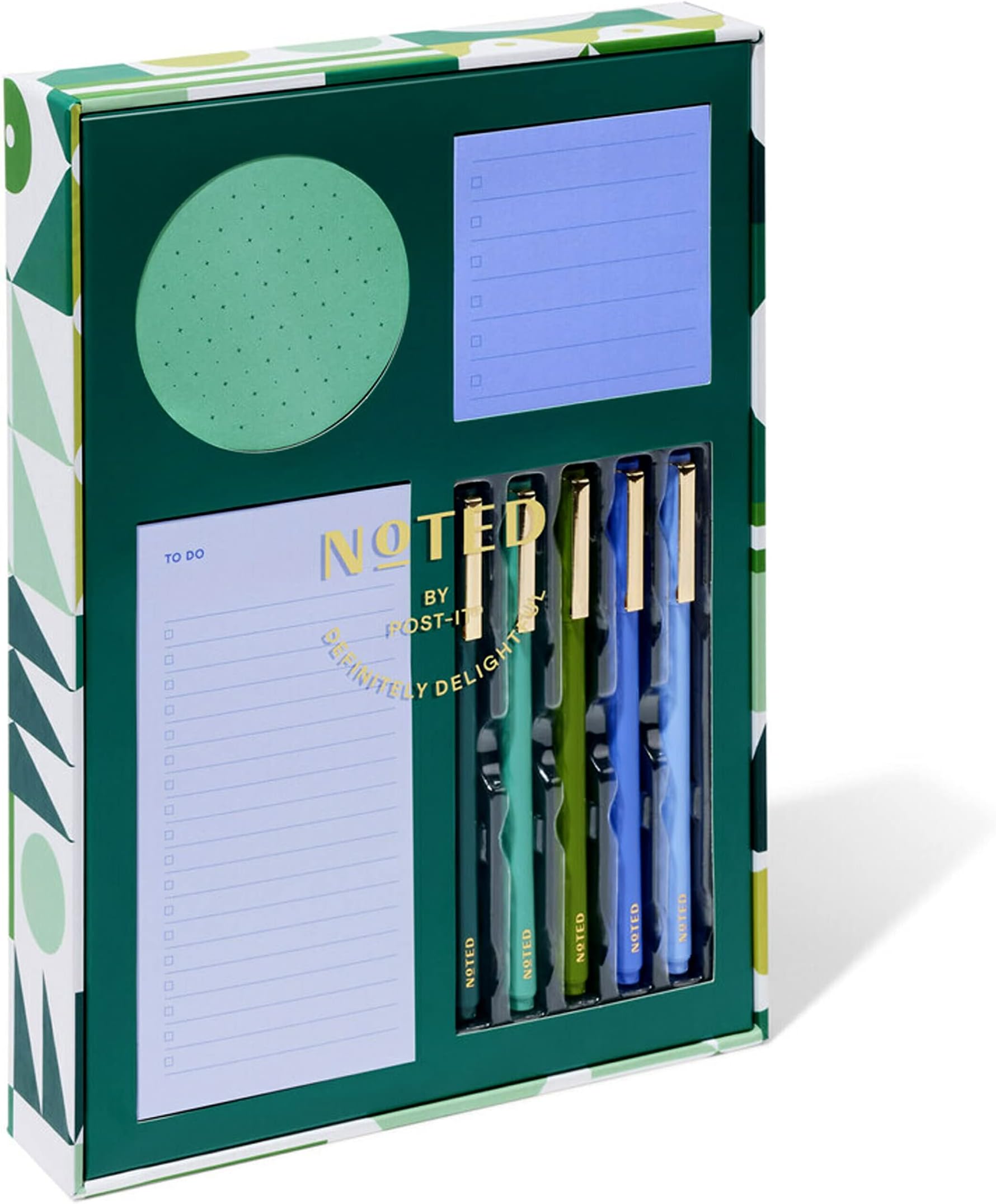 Noted by Printed Notes Gift Box, 4 Piece Set, Cool Colors, Includes Round, Square, Mini List Sticky Notes, 5-Pack Pens (NTD-BOX-SGR)