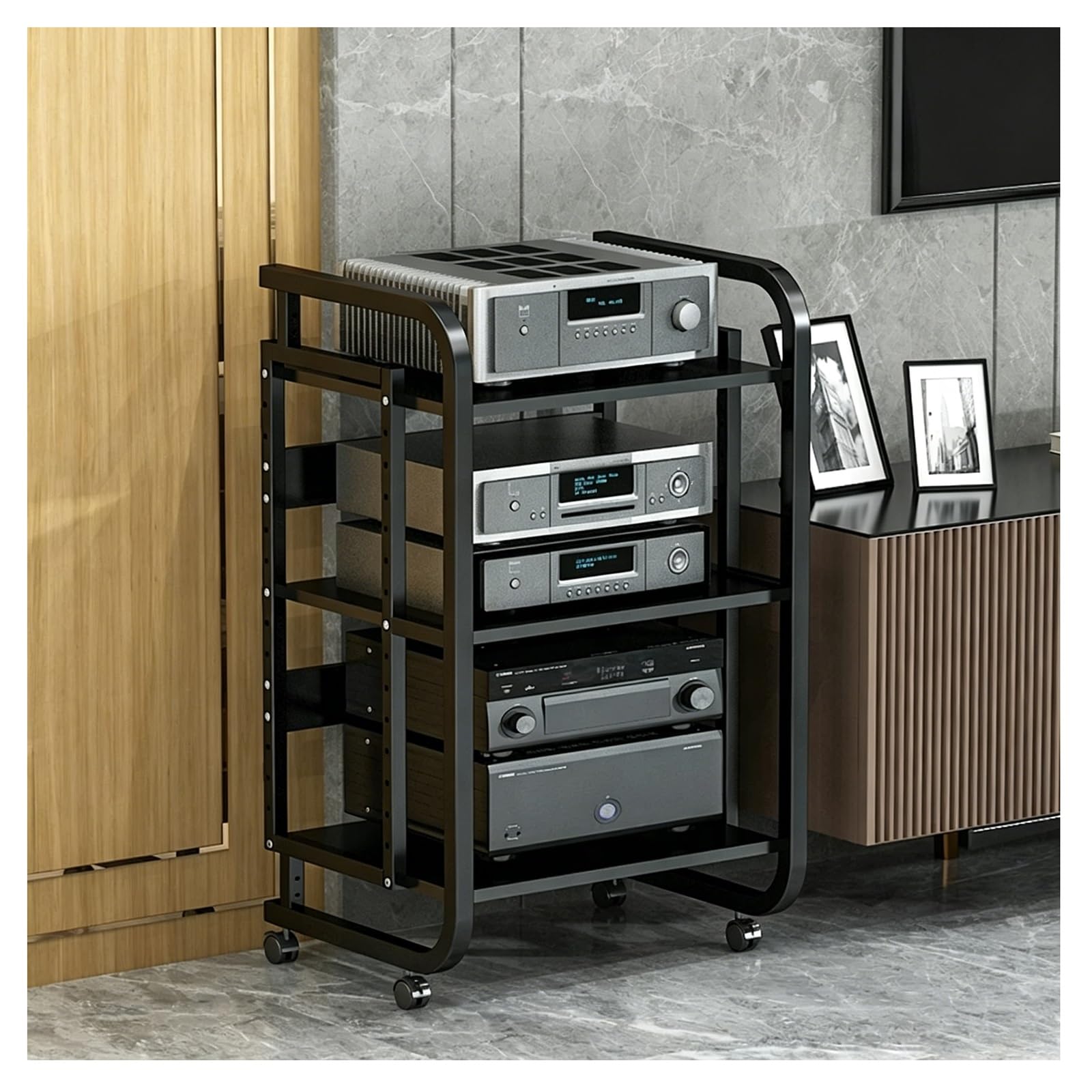 Meuble Chaine HiFi robuste sur roues avec étagère d'armoire ventilée pour ampli