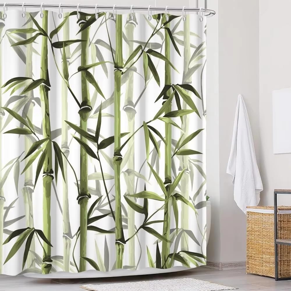 Cortina de Ducha de bambú Verde, Cortina de baño con Estampado de bambú, Tela Impermeable con Estampado botánico Zen SPA primaveral (275 x 180 cm (108 x 71 Pulgadas))