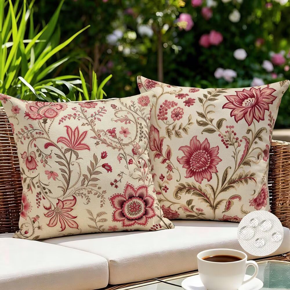 Outdoor Cushions Waterproof Plant Cushion Covers 40cm x 40cm Set of 2 Boho Garden Cushions Vintage Cushion Cover Decorative Pillows Linen Throw Pillow Case for Couch Sofa Garden Furniture (IU233)