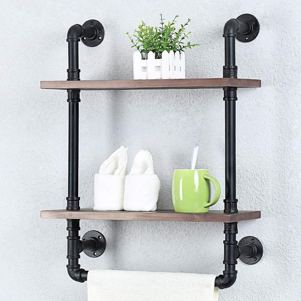 Best Cyber Deals 🔥 Industrial Wood Bathroom Shelf Over Toilet with Towel Bar,Rustic Bathroom Shelves Floating Shelves 2 Tier,19.68in Pipe Shelves Pipe Shelf Towel Racks Wall Mounted,Farmhouse Pipe Shelving Towel Holder