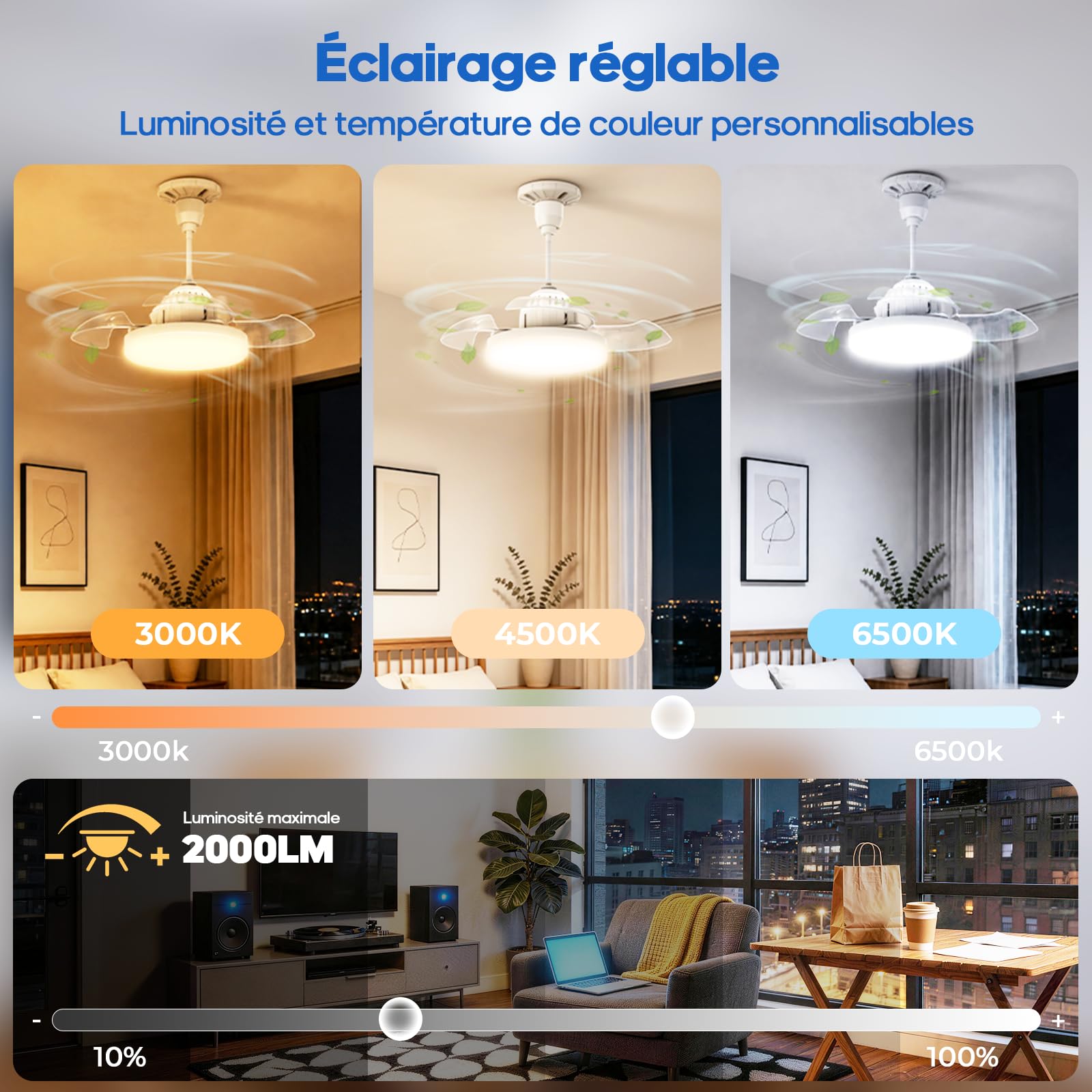 GOODEA Caché Ventilateur de Plafond Silencieux 40cm avec Lumière et Télécommande 30W E27 2000lm Dimmable