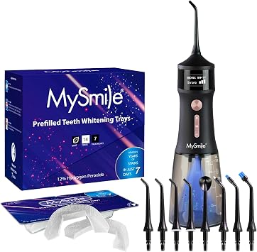 MySmile LP221 Cordless Water Flosser Black and 7 Treatments Prefilled Teeth Whitening Trays Kit Combo