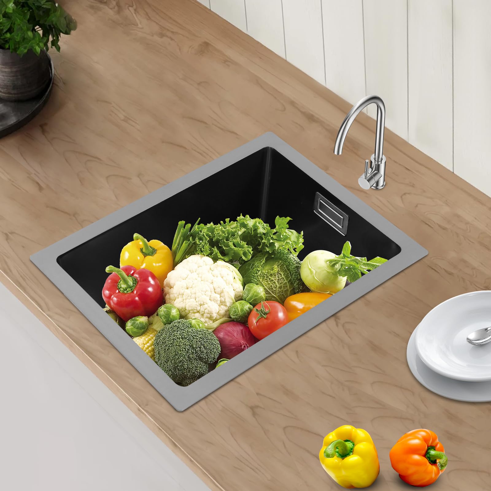 Lavello da incasso in acciaio inox, 30 x 40 x 20 cm, moderno lavello da cucina, rettangolare, in acciaio inox, piccolo (nero)