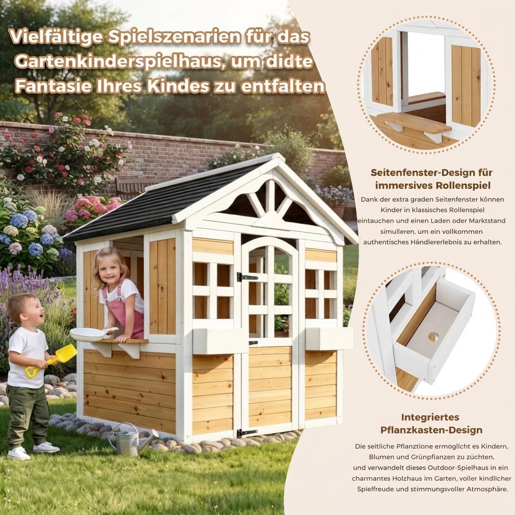 Massivholz Kinderspielhaus Outdoor 132cm Wetterfest mit Verkaufsfenster | Stabiles Holz-Spielhaus für Garten. 132cm hoch, EN 71 geprüft. Mit Marktstand & Pflanzkasten für kreatives Rollenspiel.