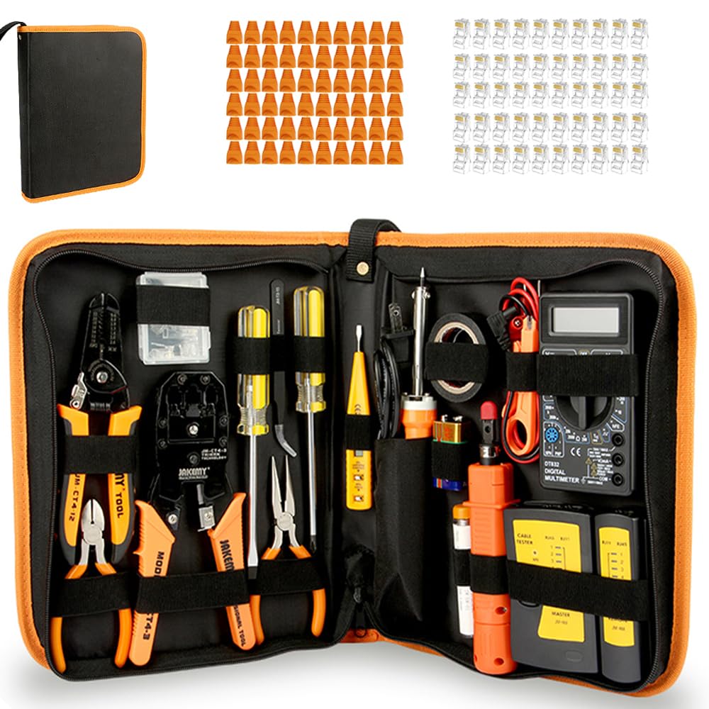 LEATBUY-TECHLEATBUY Network Tool Kit Set, Cable Tester Repair Tools Wire Stripping Cutter, Coax Crimper Plug Crimping, Punch Down RJ11 RJ45 Cat5 Cat6 Wire Data Detector Stripper (Orange)