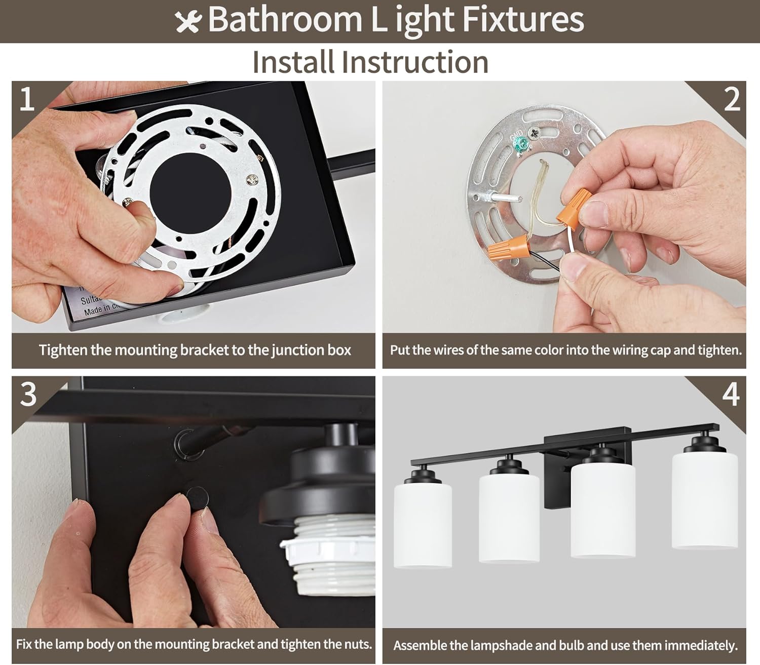 4-Light Bathroom Light Fixtures, Matte Black Bathroom Vanity Lighting Fixtures Over Mirror with Milky Glass, Modern Wall Sconce Lights for Bath, OS-JJ8301-4BK