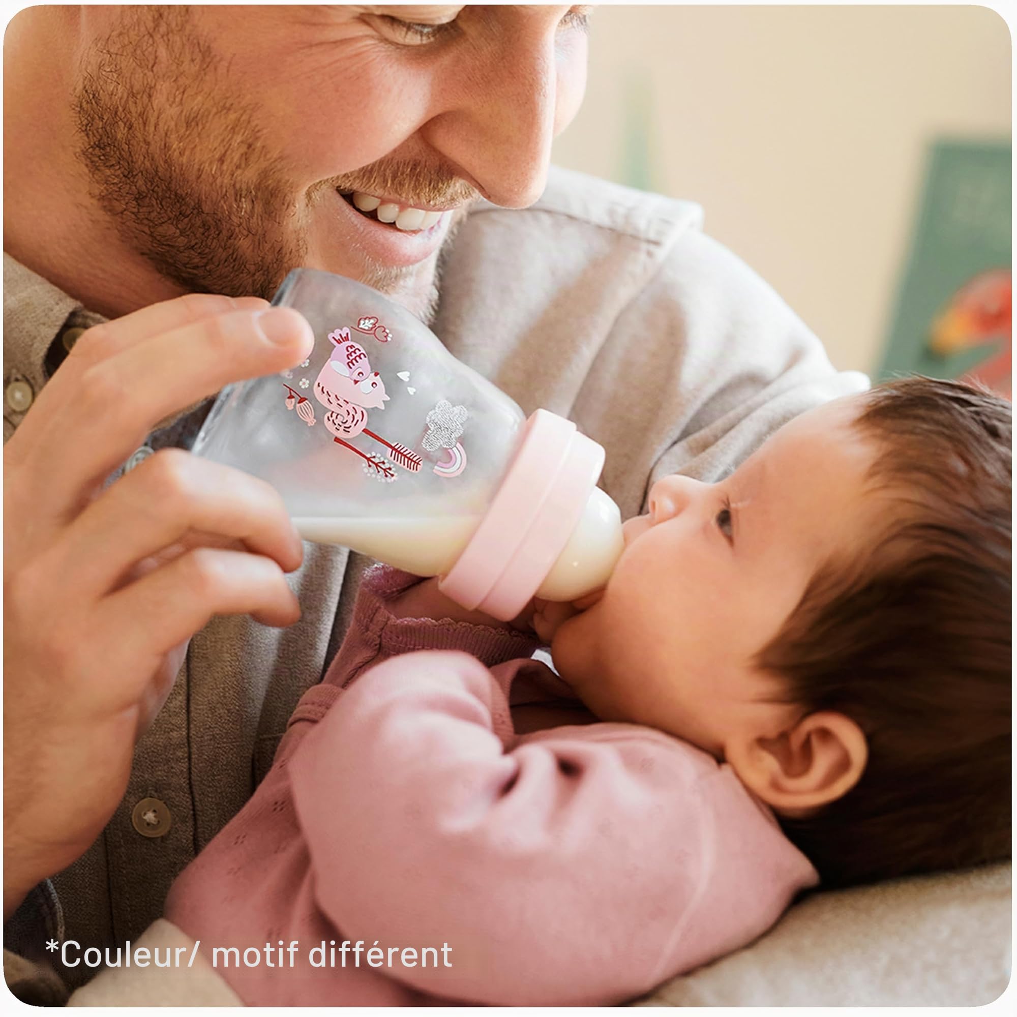 MAM Feel Good Gourde en verre pour bébé 170 ml - Bouteille de lait avec ouverture large - Gourde stable avec tétine - Taille 1 - dès la naissance - Écureuil/oiseau