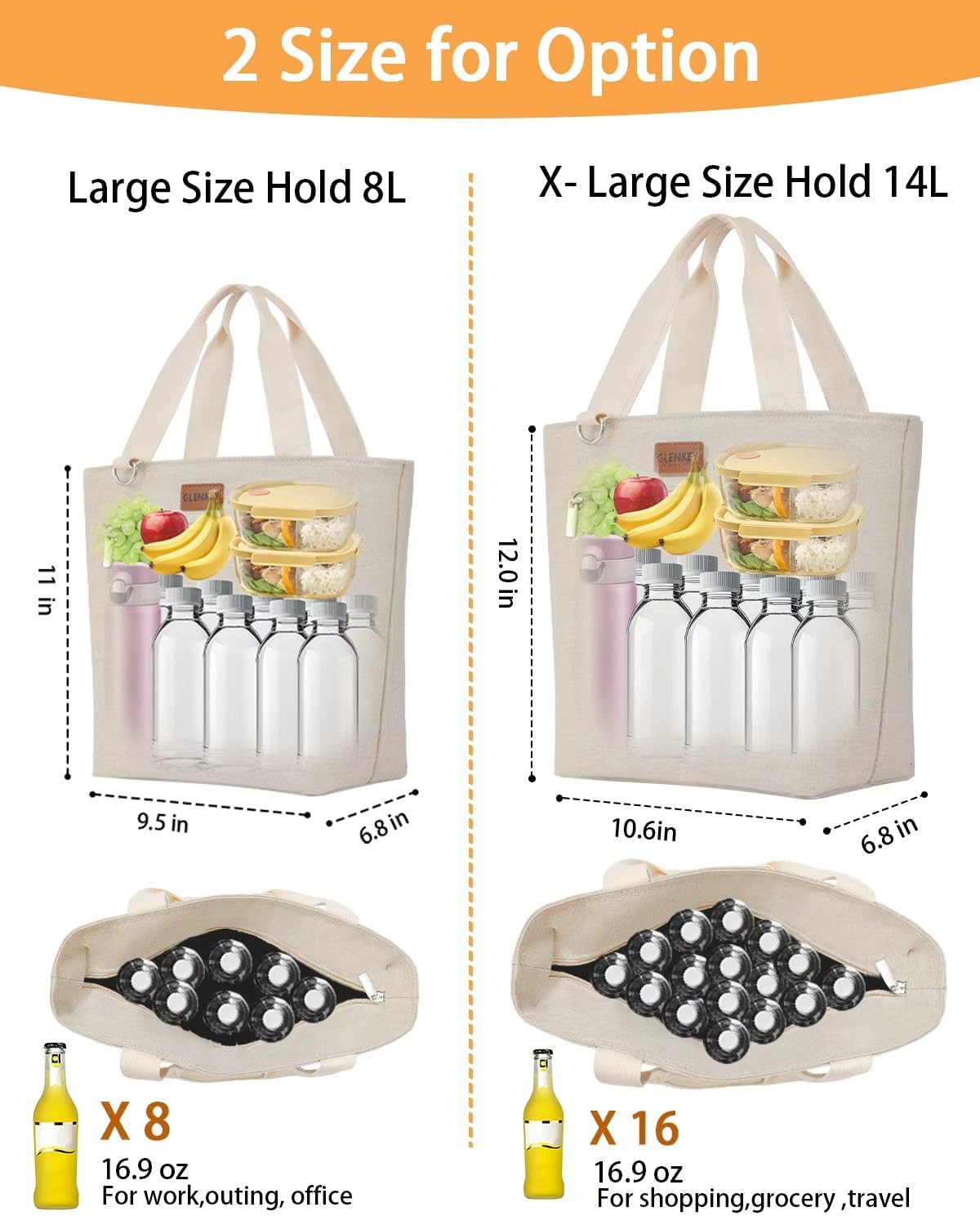 GLENKEY Insulated Lunch Bag Tote Lunch Box - Large Leakproof Cooler Bags for Adults - Soft Lunchbox for Women Work Shift Outdoor Travel Beige 8L - Image 2