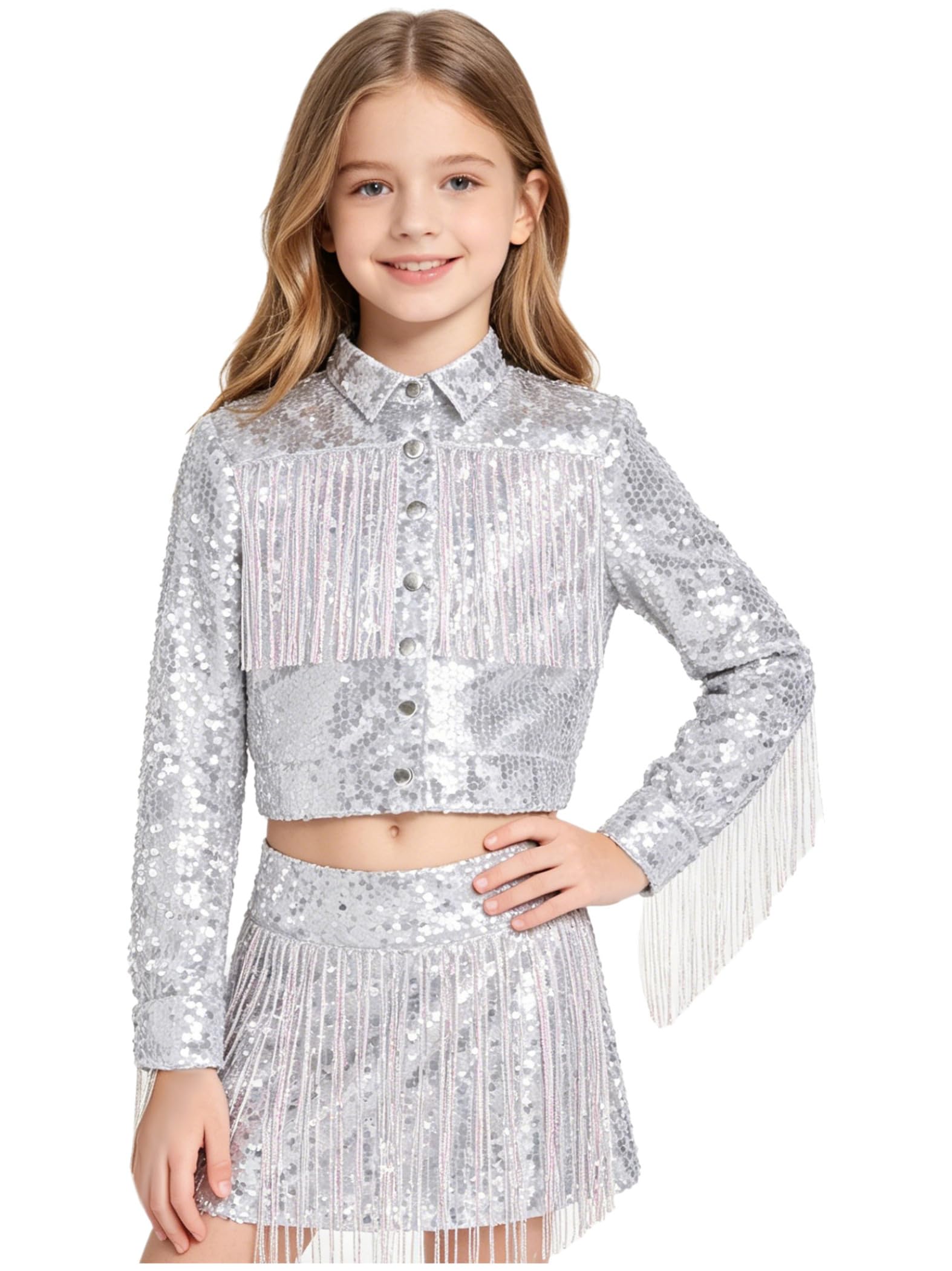 Mädchen Pailletten Button Down Shirts Bling Bling Blazer Anzug Jacke Mit Fransen Elegant Bomber Bomberjacke Cowboy Oxford Hemd