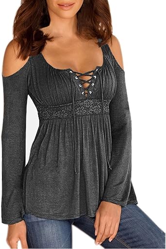 Womens Cold Shoulder Lace Up Casual Tunic Solid Blouse Tops