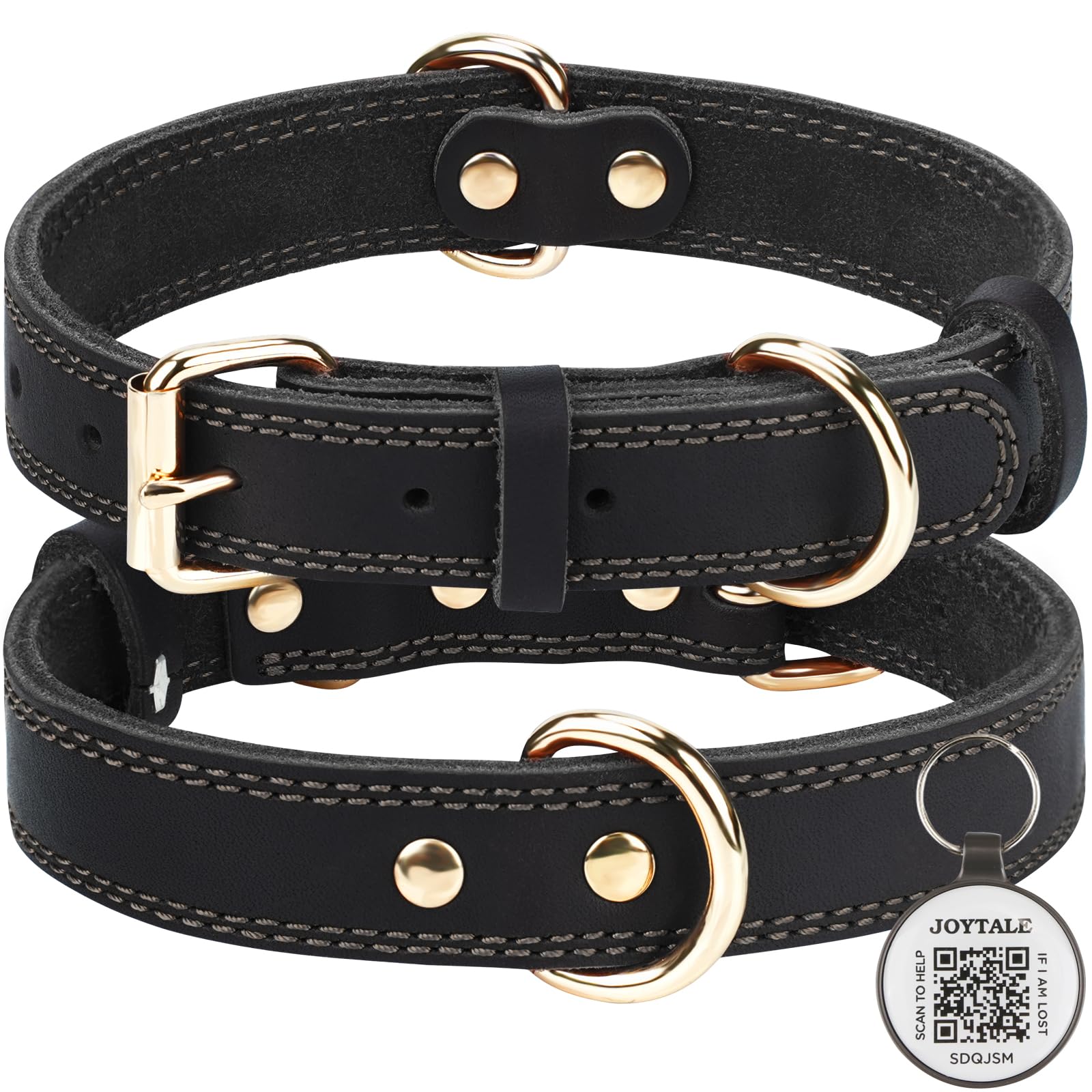 Joytale Genuine Leather Dog Collar with Metal Buckle, Heavy Duty Soft and Durable Leather Collars, Adjustable for Medium Dogs Black, M