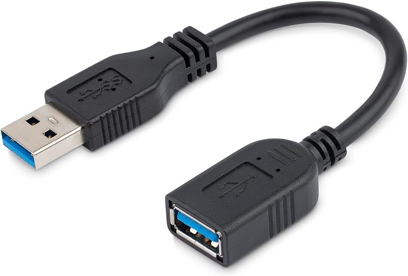 Cable adaptador de extensión USB 3.0 (5 Gbps) corto de 6 pulgadas (USB-A macho a USB-A hembra) - Cable de ahorro de puerto USB 3.2 Gen1 - Negro (USB3EXT6INBK) | Protector de puerto macho a hembra, corto, 3.2 Gen1, blindaje trenzado, lámina de aluminio-mylar, alivio de tensión moldeado, conectores moldeados