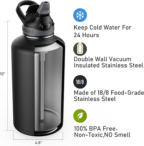 Miniatura 3 de ICEWATER -Botella de agua aislada de 64 onzas, medio galón, con tapa de popote automático y asa de transporte, tapa bloqueable a prueba de fugas con