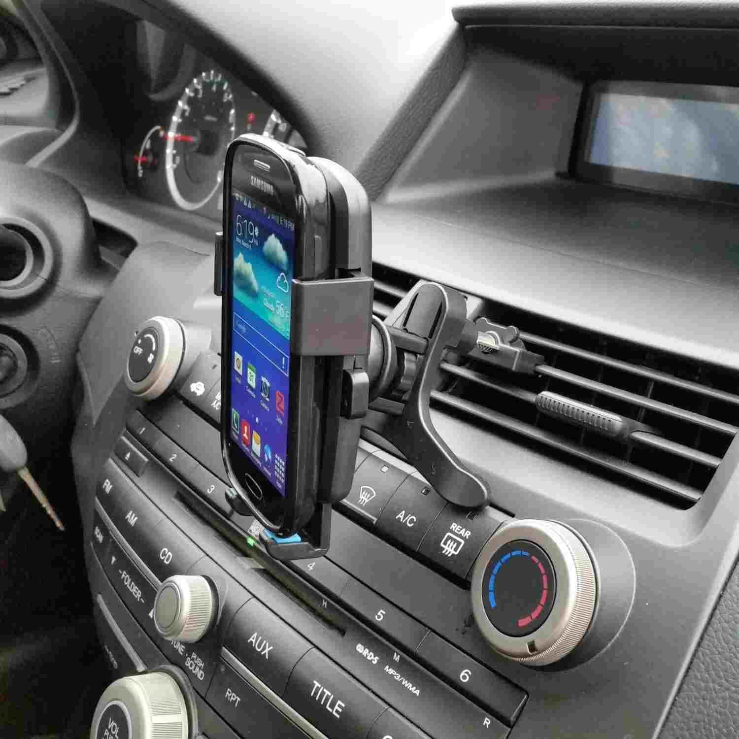 Tomline Universal Air Vent Smartphone Car Mount Cell Phone Holder for iPhone 5 5S 5C 4 4S Samsung Galaxy S5 S4 S3 Amazon Fire Phone BlackBerry Q10 Z10 Bold 9930 9900 Porsche P'9981 Xiaomi MI3 HTC Droid Incredible 4G LTE Titan II Evo 4G LTE One M8 S X LG G3 and Most Smartphones PDA iPod MP4 GPS with a maximum width of 3 inches (Black with Red Cushions)