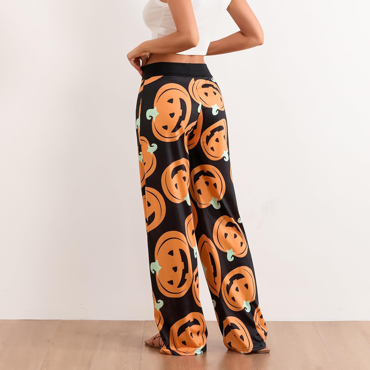 Women Halloween Pajama Pants Pumpkin Ghost Print Wide Leg Lounge Pants Casual Loose Drawstring Yoga Sweatpants - Image 4