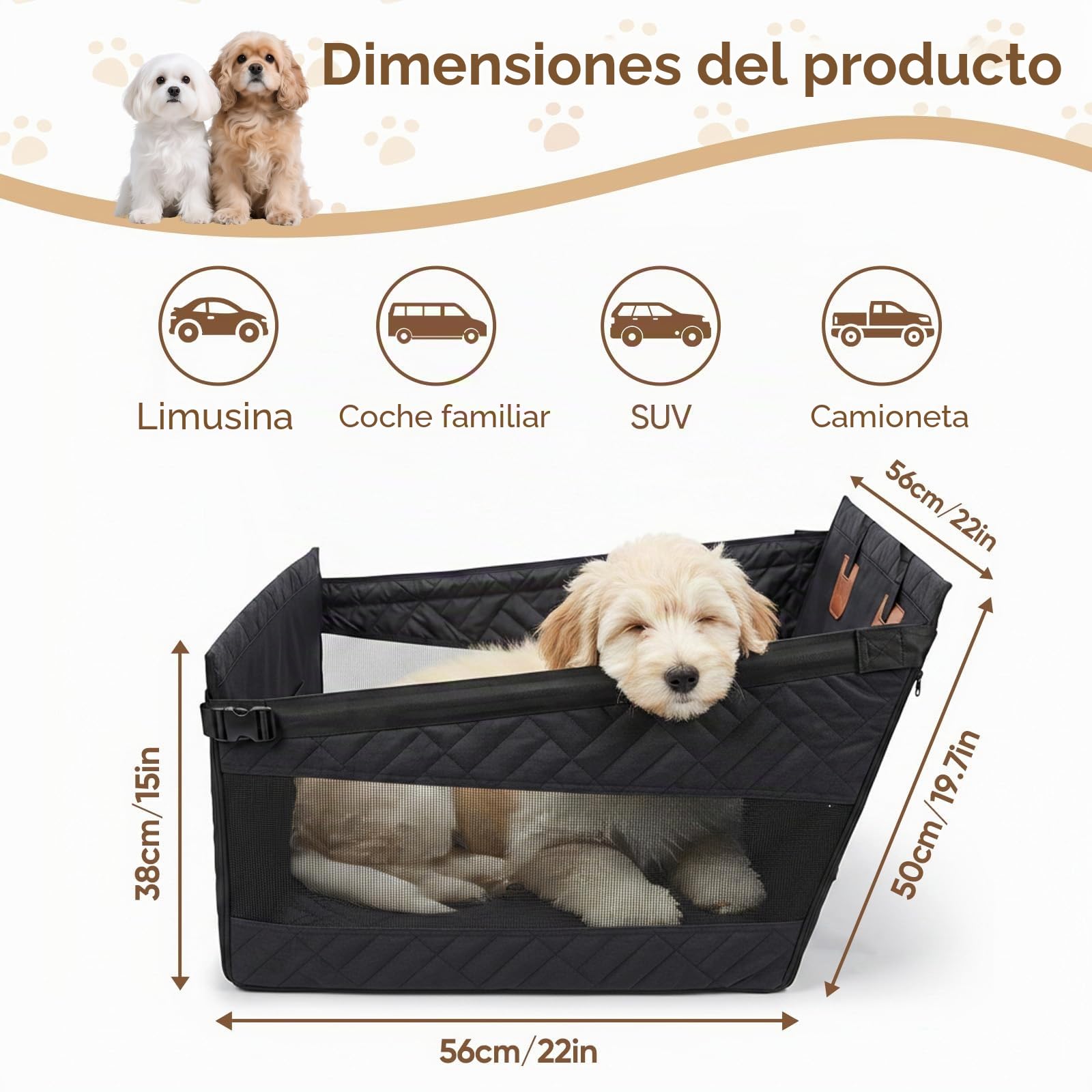 Asiento de Coche para Perros Extra Estable, Asiento de Coche para Mascotas para Perros Pequeño Mediano para Asiento Posterior, Asiento Reforzado para Perros con Correas de sujeción