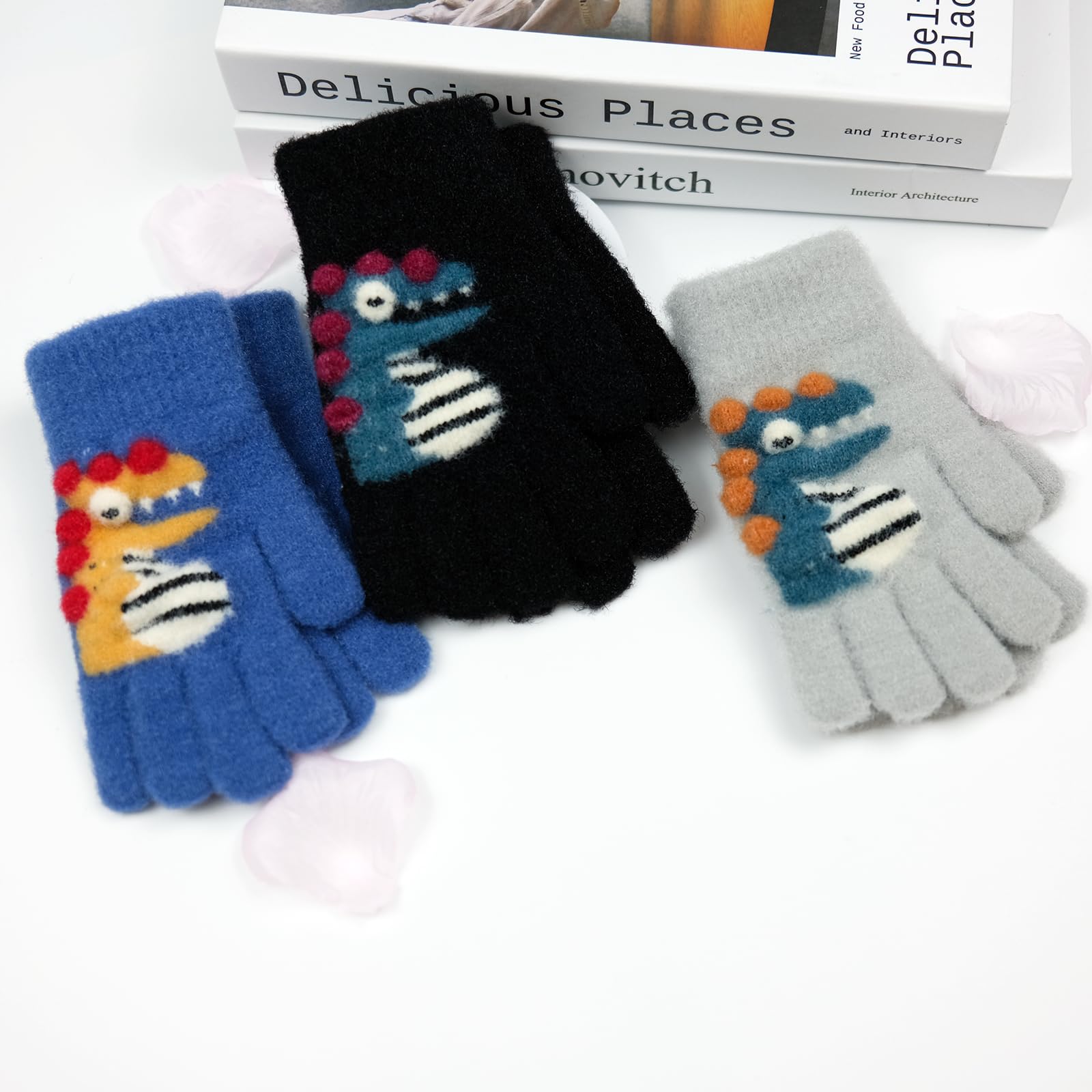 QKURT 3 Pares de Guantes para niños de 3-8 años, Lindos Guantes de Dinosaurio de Dibujos Animados Guantes mágicos cálidos de Invierno Guantes para niños con Dedos Completos para niños y niñas