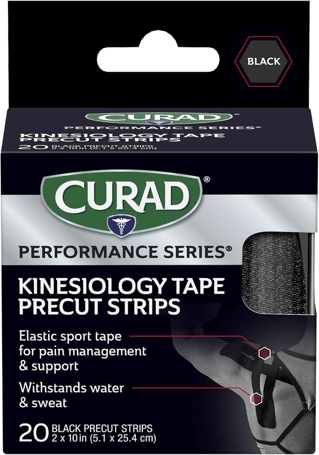 CURAD Performance Series Kinesiology Tape, Pain Management Technology, Sweat & Water-Resistant Athletic Tape, Compression Support for Joints & Muscles, Black, 2 x 10 inches, 1 Roll (20 Strips)
