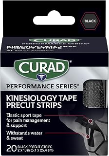 Cinta de kinesiología CURAD Performance Series, tecnología de manejo del dolor, cinta atlética resistente al sudor y al agua, soporte de compresión para articulaciones y músculos, negro, 2 x 10 pulgadas, 1 rollo (20 tiras)
