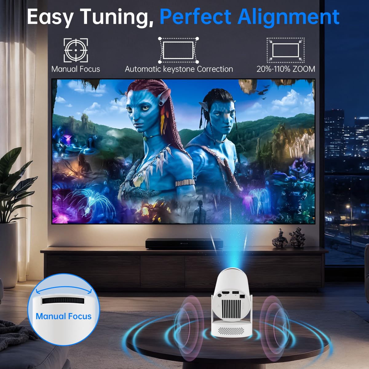 【Built-in Apps】Mini Projector with Wifi and Bluetooth, Support 4K, Portable Projector, 5W Sound Base Speaker, 200 ANSI, Android, Auto Vertical Keystone 210° Rotatable Proyector — view 4