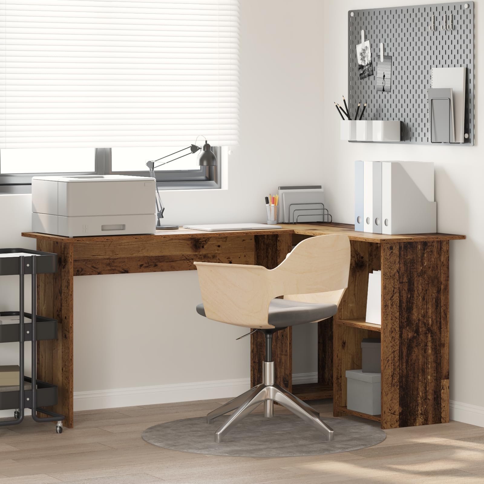 Scrivania per computer a forma di L con effetto legno antico e 3 ripiani integrati, scrivania per casa e ufficio, 120 cm x 75 cm, in robusto legno, postazione di lavoro ergonomica