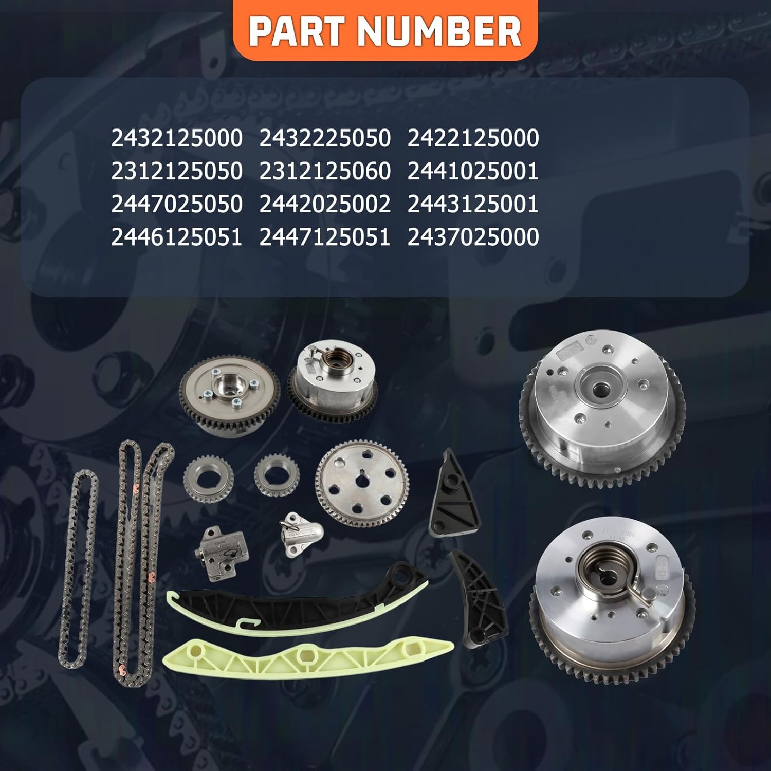 23121-25060 Engine Timing Chain Kit with 2PCS Intake & Exhaust VVT Gear Sprocket Fit for Genesis Coupe Santa Fe Sonata Tucson 2.4L DOHC G4KC Engine Replace#243702G000, 243702G600