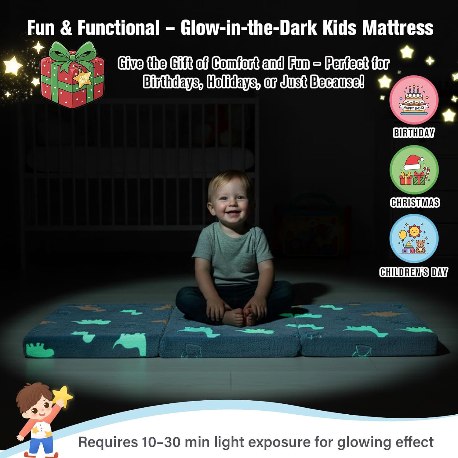 Tiita Kids Floor Mattress - Toddler Trifold Futon Mattress, Portable Foldable Play Mat for Naps and Playtime, Blue Dinosaur