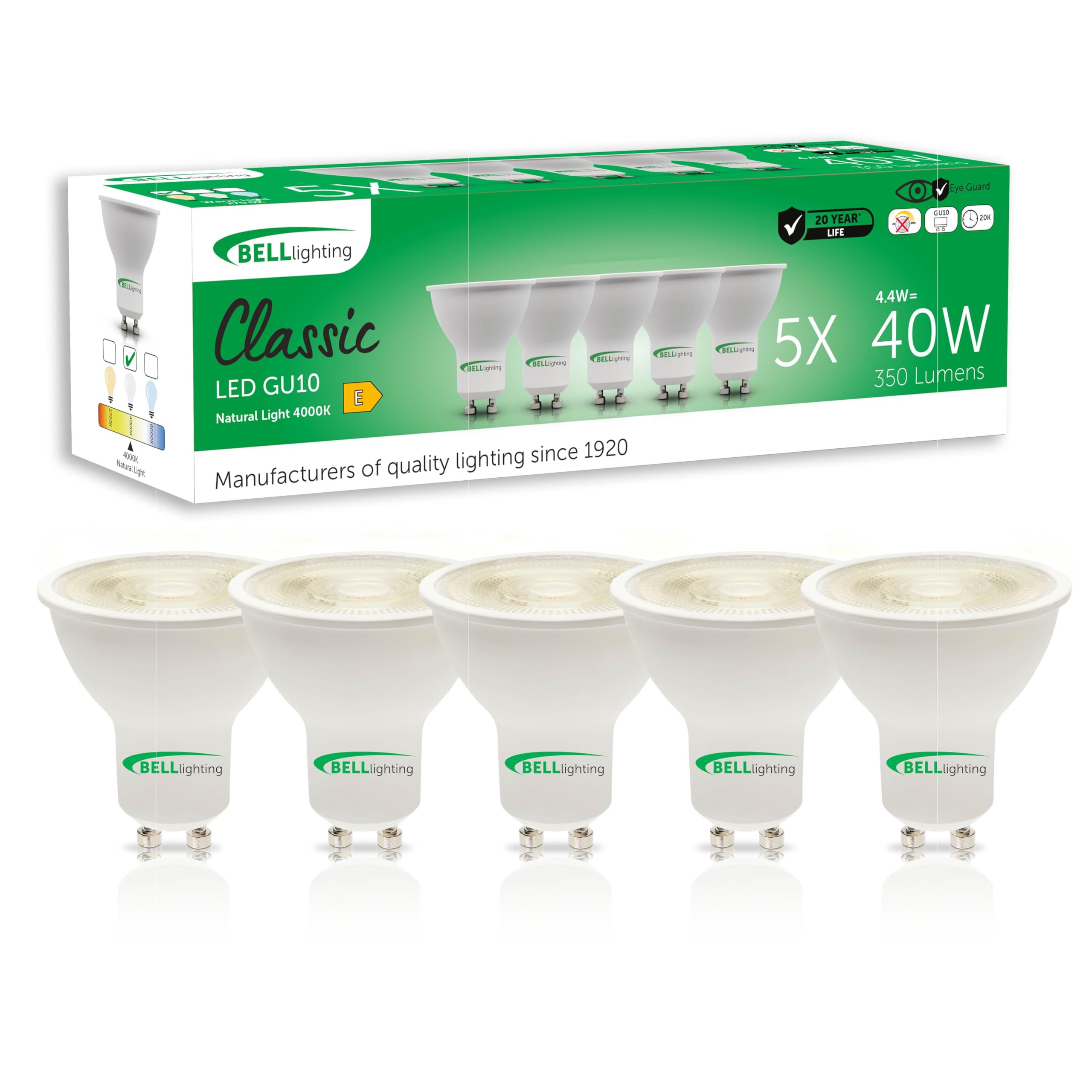 BELL Lighting GU10 LED Spotlight Bulbs 5 Pack Natural White 4000K 350lm 4.4W Energy Saving Lightbulbs 40W Equivalent 38 Degree Beam Two Pin Twist Lock Non Dimmable for Ceiling Kitchen Downlights
