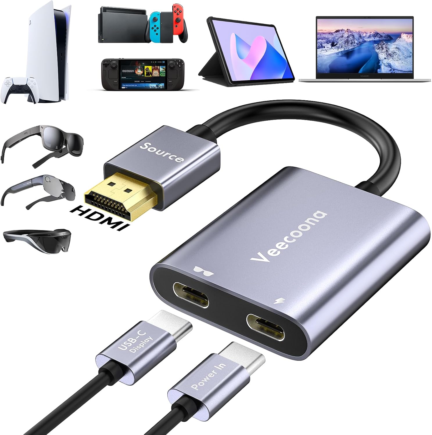 HDMI to USB C Adapter 4K 60Hz Portable Monitor, Unidirectional HDMI Male (Source) to USB C Female (Display) Adapter for AR Glasses XREAL One、Air 2 Pro/VITURE Pro/RayNeo Air 2s/Rokid,Switch,PS4/5,Xbox