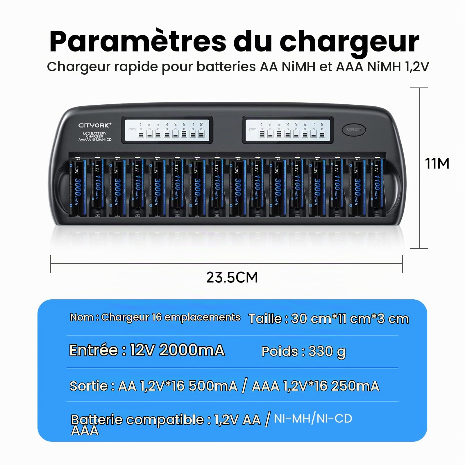 Chargeur de Batterie Intelligent LCD AA/AAA PALO 16 Baies avec 8 Piles Rechargeables AA 3000mAh et 8 Piles Rechargeables AAA 1100mAh