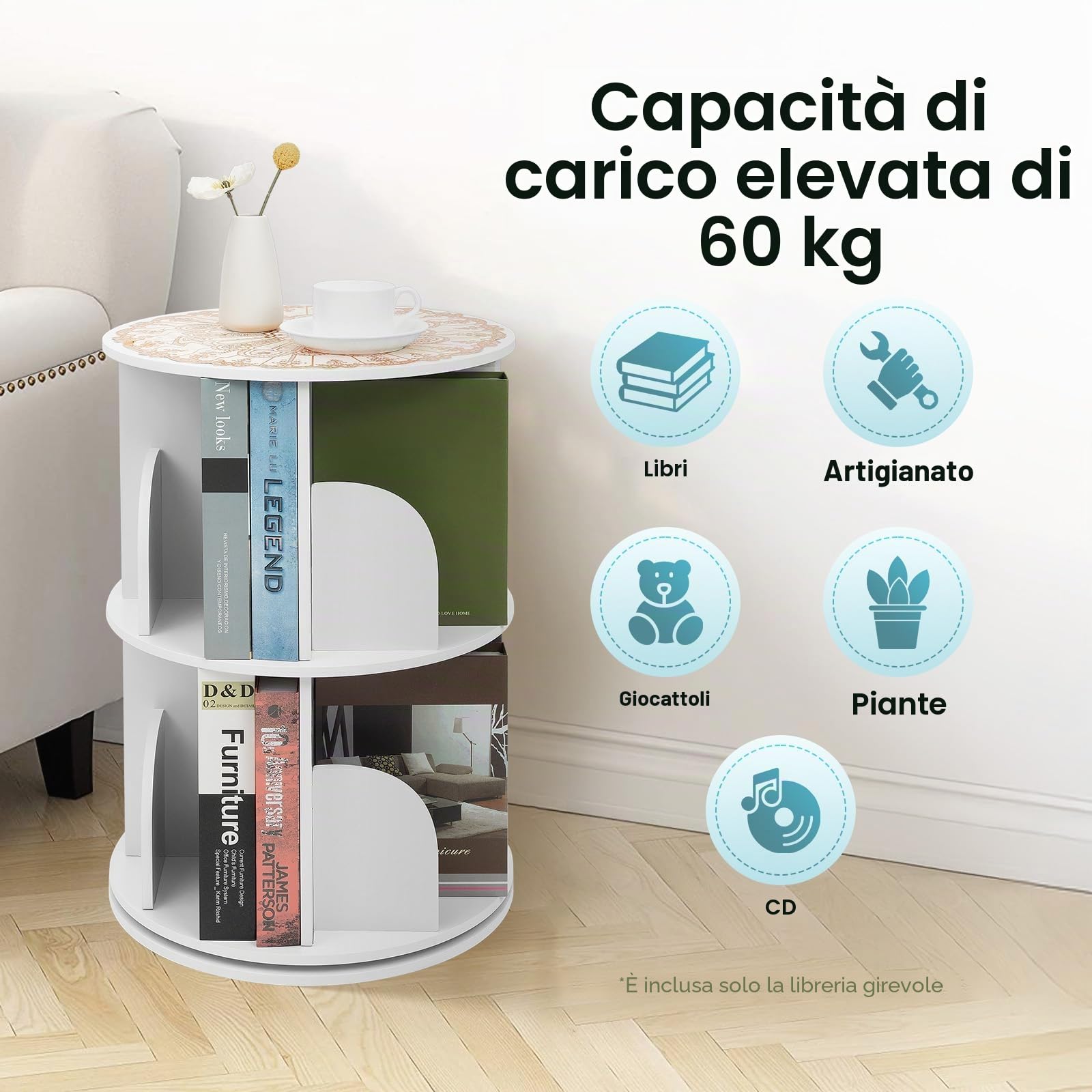 Libreria girevole a 2 livelli, scaffale girevole a 360 gradi, per soggiorno, camera da letto, ufficio, cameretta dei bambini, bianco