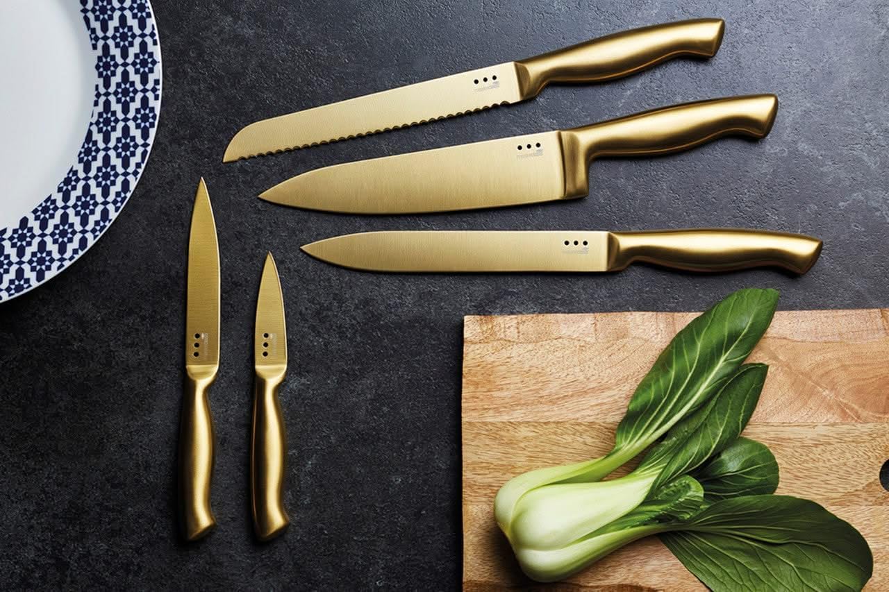 MasterCraft Knife Block Set, 5-Piece, Stainless Steel, Brass-Effect, 22 x 15.5 x 9.5 cm, Black/Brass