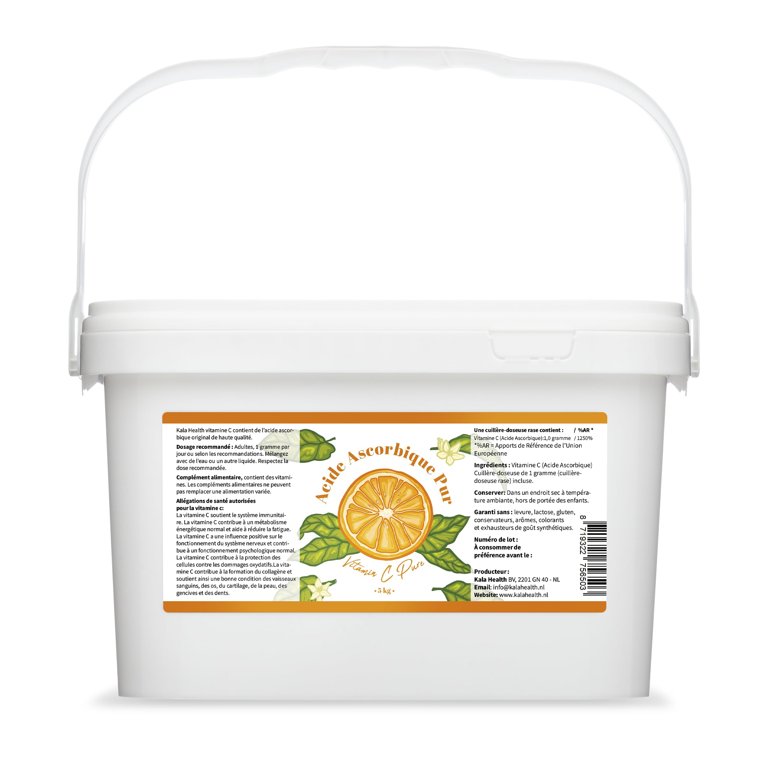 Kala Health - Vitamine C Pure 5 kg - Poudre de vitamine C - Acide ascorbique pur - Fourniture de 5000 jours x 1000 mg dosage élevé - Avec cuillère-doseuse - Végétalien - Qualité premium