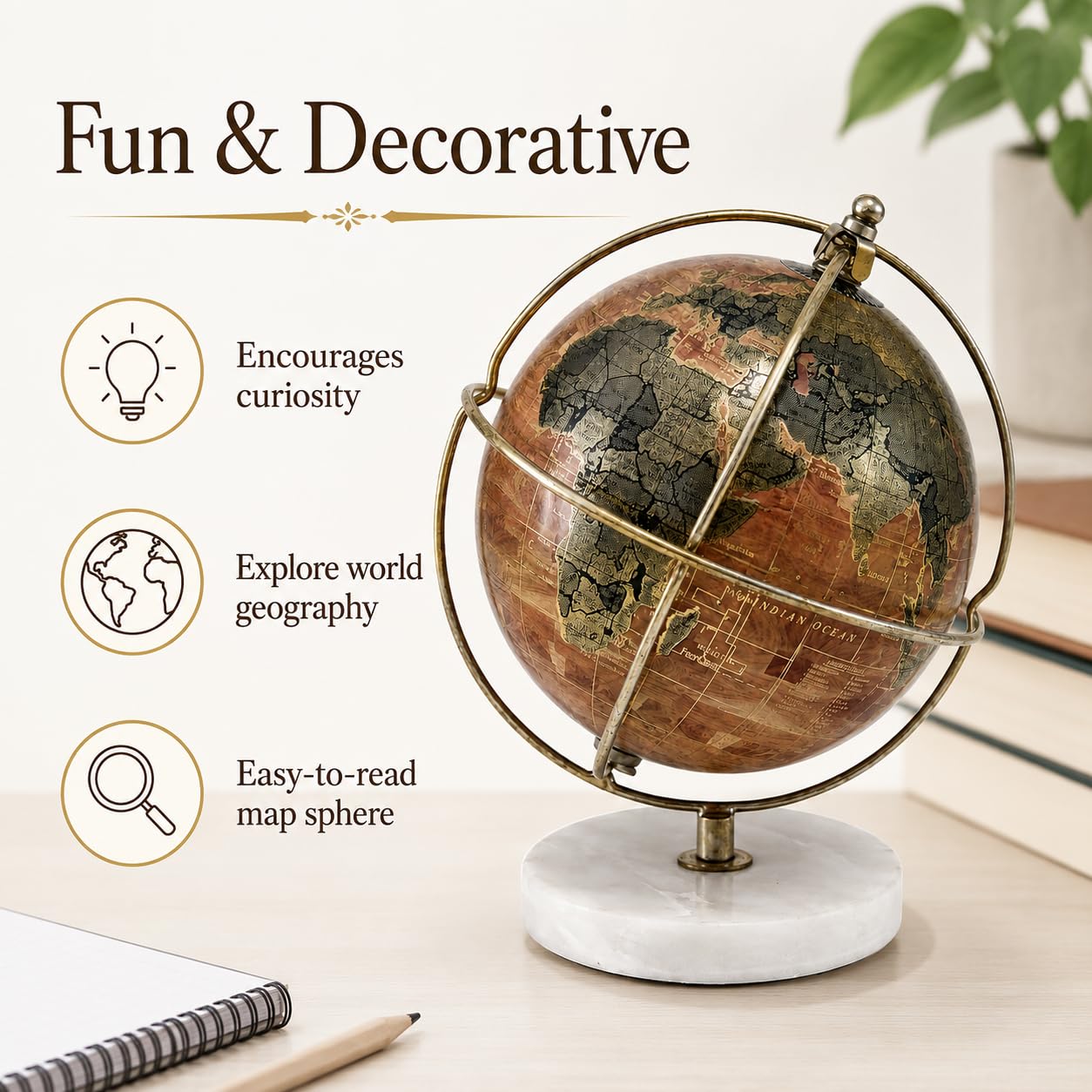 Exerz Mappamondo Antico 13cm - Mappa inglese - base in marmo